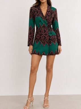 OFUURE Abstract Green Black Blazer Tailored African Festival Mini Dress